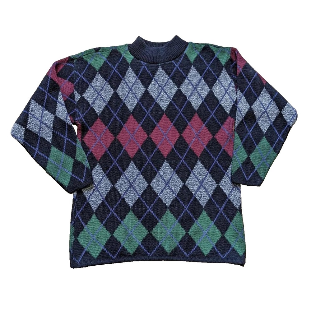 VTG Huntington Ridge HIPSTER ARGYLE SWEATER Black/Red/Green BIGGIE Preppie SZ L